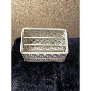 Vintage White Wicker Rectangular Organizer Basket With Dividers Boho